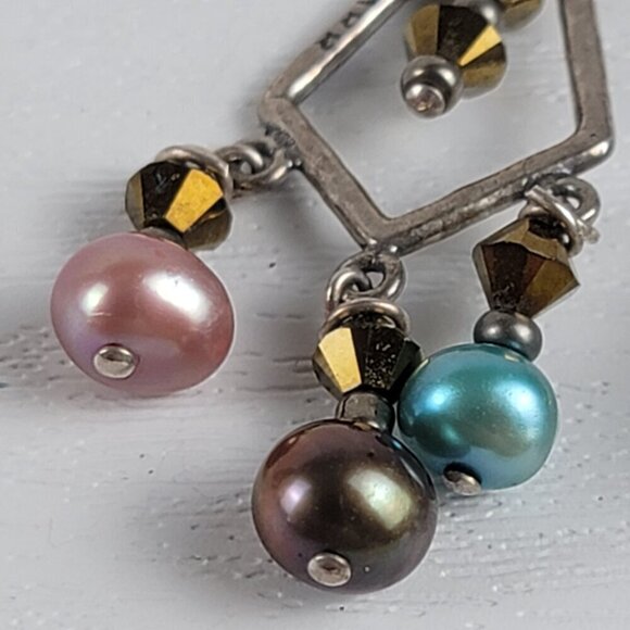 Sterling Silver 925 Multicolor Pearls Crystal Chandelier Earrings 1.5" Hook - Picture 4 of 6